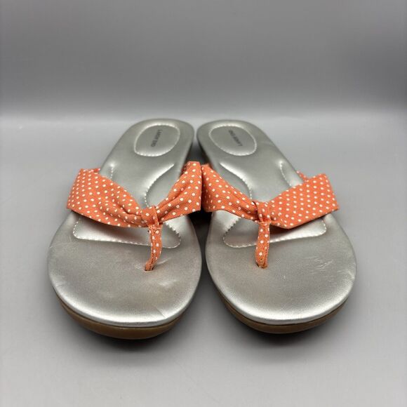Lands' End Sandals Women’s Size 7B Silver/Orange Polka Dot Thong Flip Flop - Picture 2 of 10